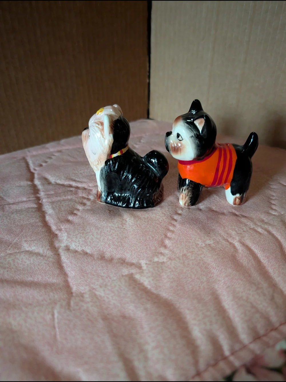 Ceramic Black and Tan Yorkie Salt and Pepper Shaker Set - Orange Sweater